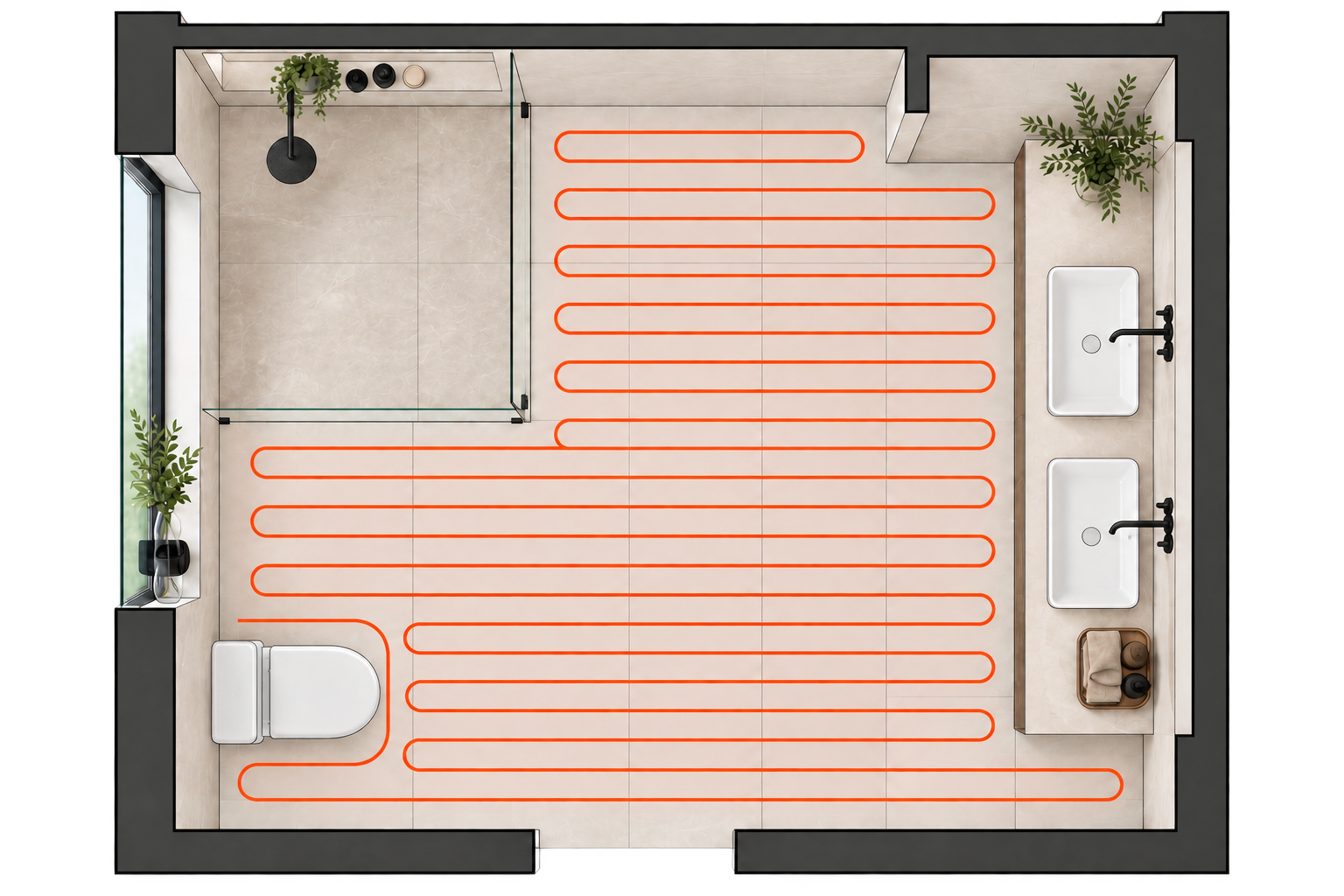 Underfloor heating floor plan diagram showing heating element runs across bathroom layout
