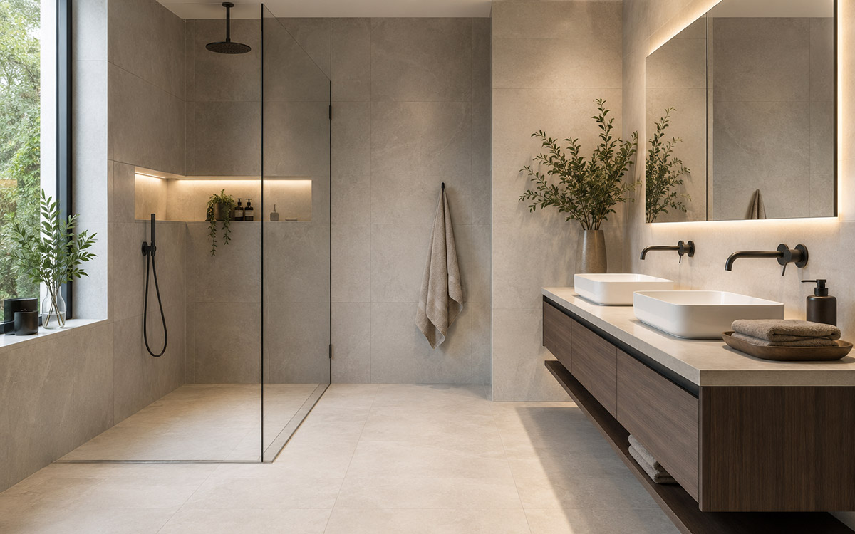 Contemporary tiled luxury bathroom with walk-in shower and stone vanity.