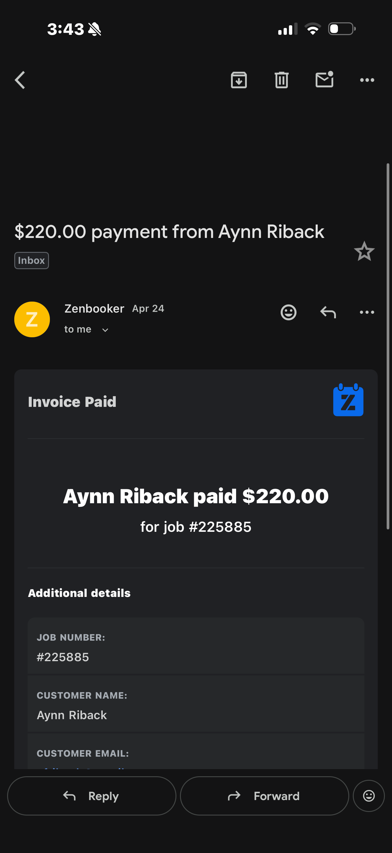 Paid merchant email receipt confirming $220.00 customer payment