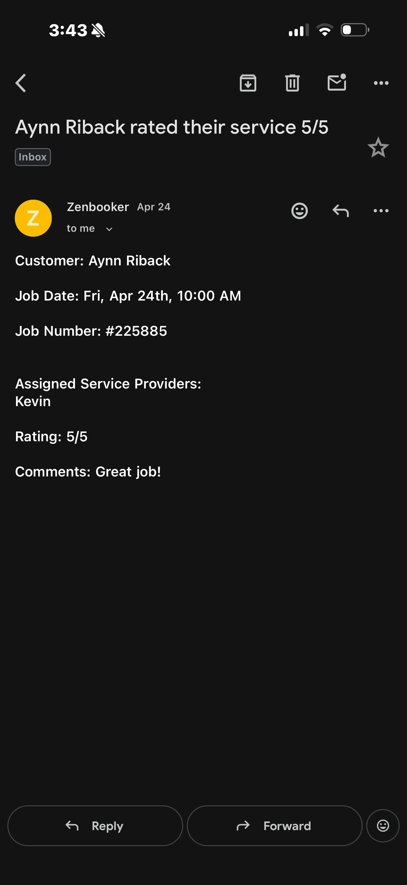 Real customer 5-star rating notification confirming completed installation feedback
