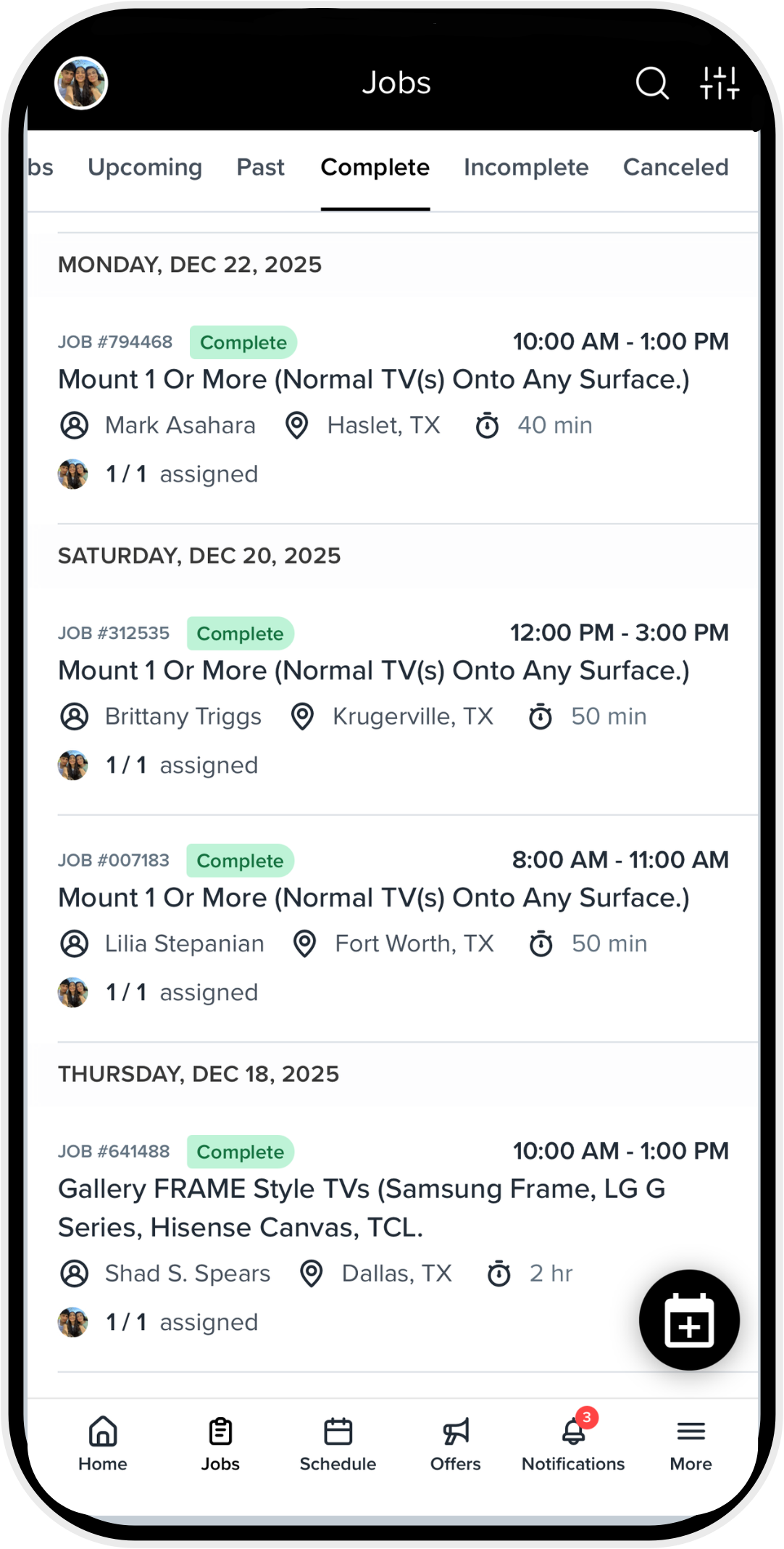 Jobs and Schedule View in Installer App