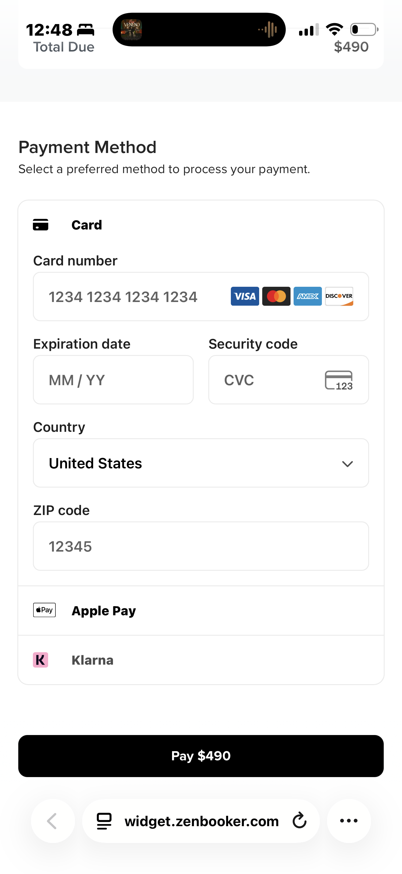 Mobile self-checkout screen with Card, Apple Pay, and Klarna options