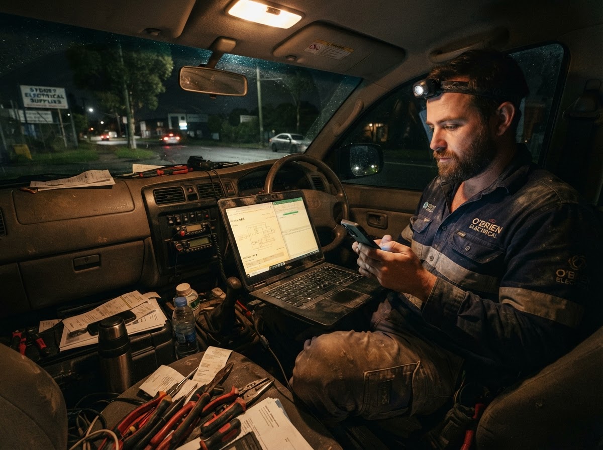 Tradie sitting in his work ute late at night trying to figure out marketing