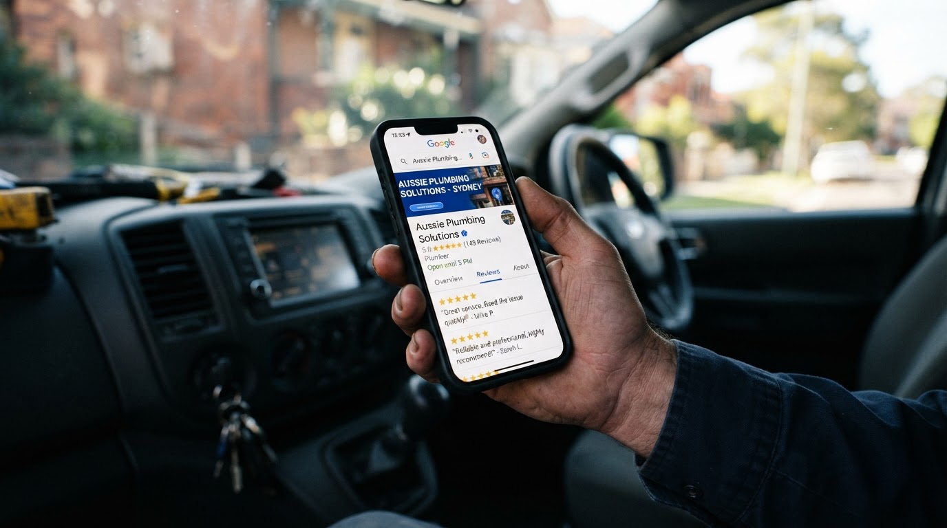 Close-up of phone screen showing 5-star Google Maps trade reviews
