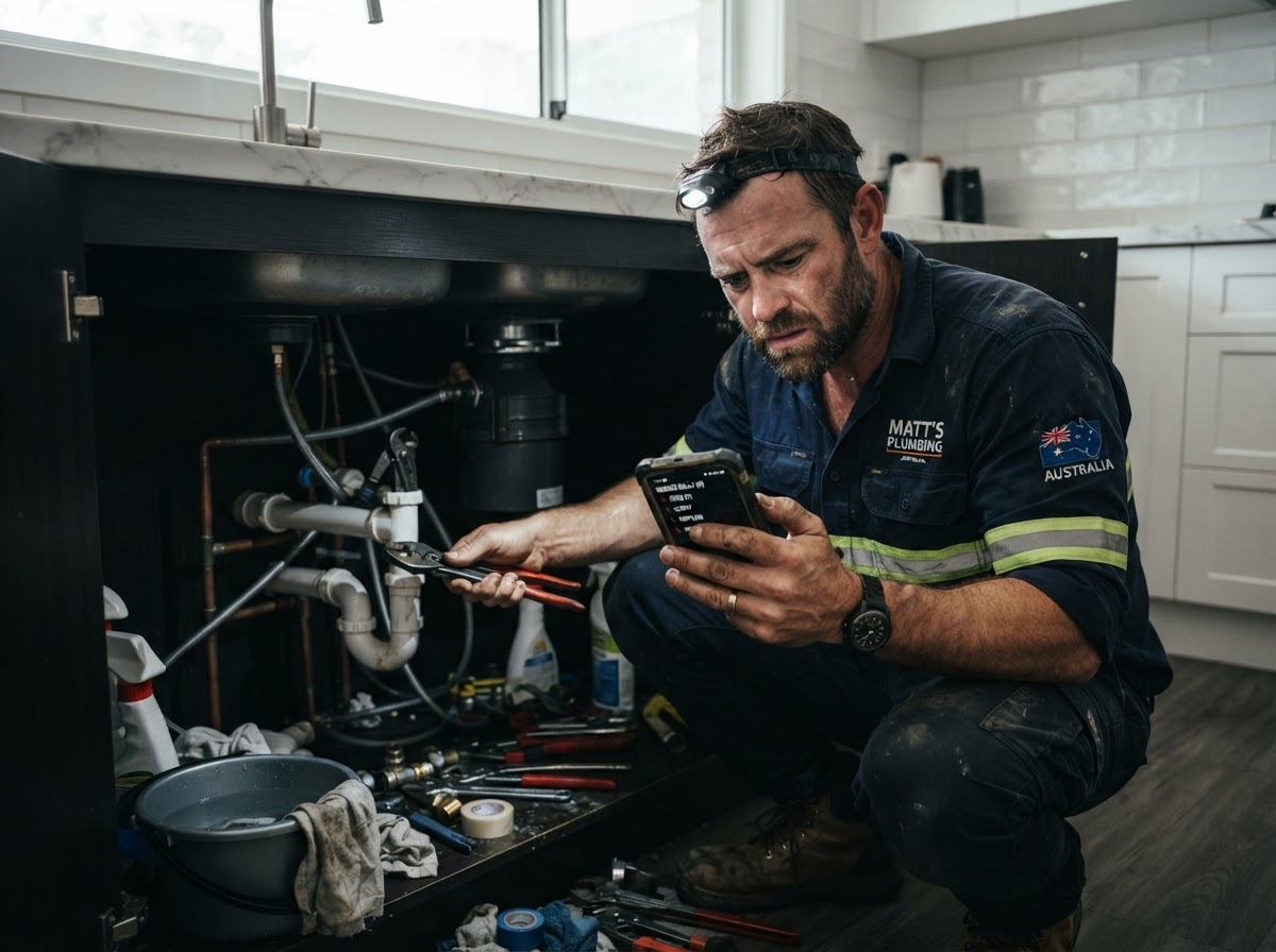 Australian tradesman stressed under a sink missing customer calls