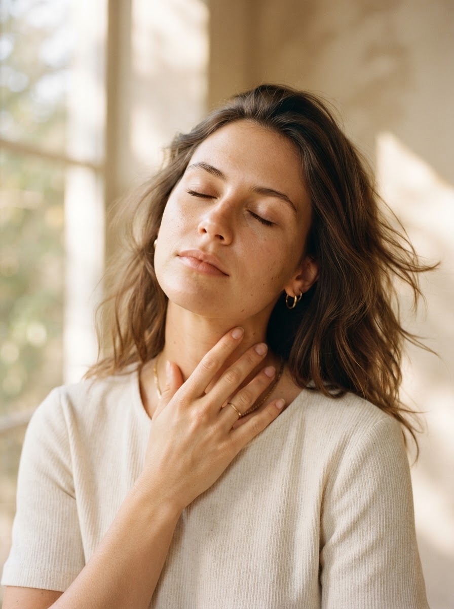 Mujer sintiendo el sol en su piel, cuello y respiración
