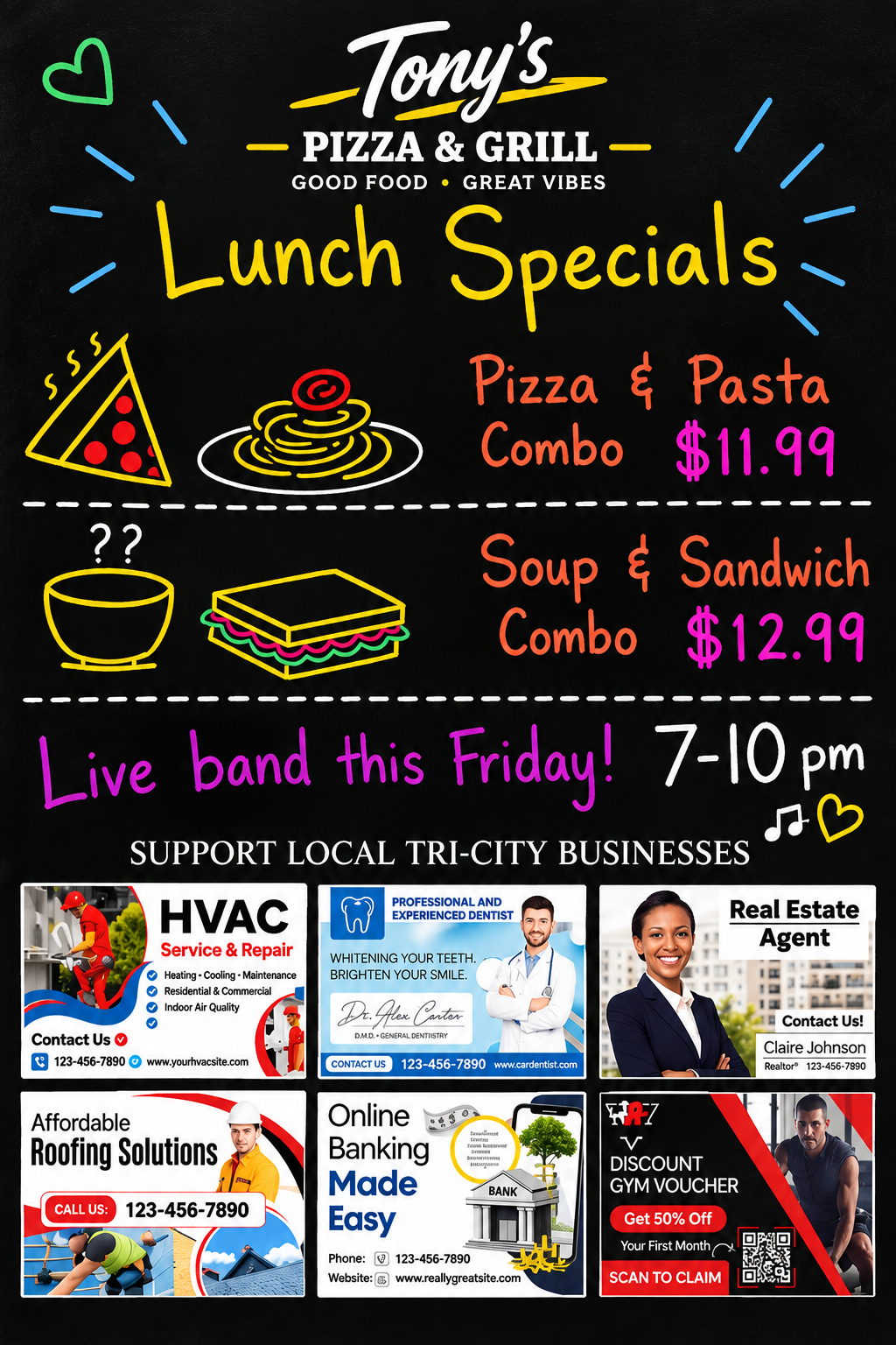 Sample 509 Ad Board Co. chalkboard with specials and local sponsor ads