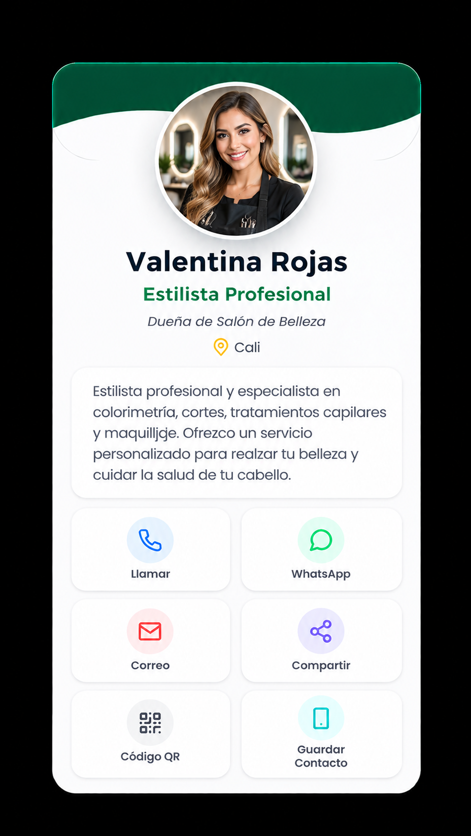 TUHRE CARD — Valentina Rojas, Estilista Profesional