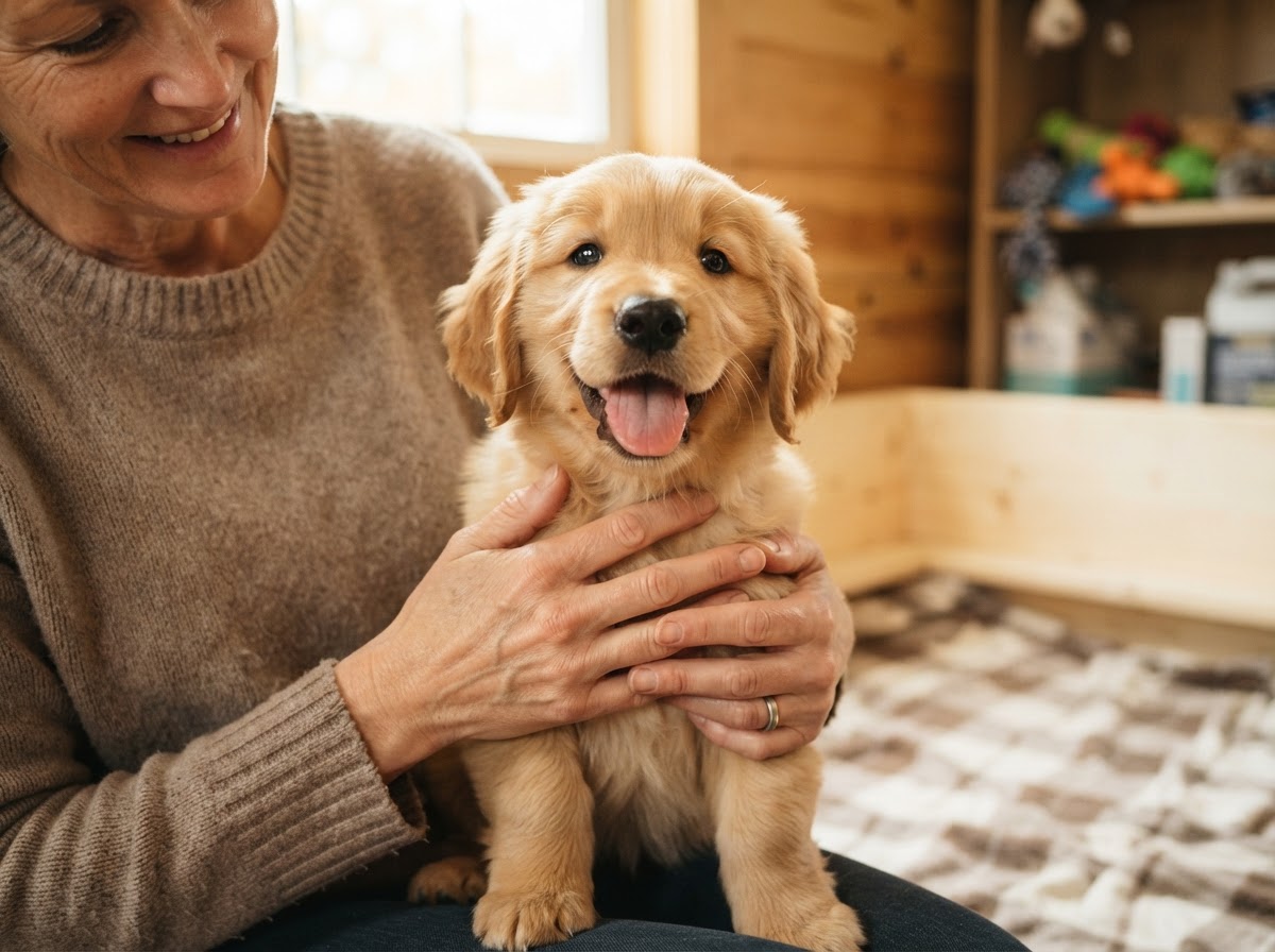 A happy golden retriever puppy being held by a breeder
