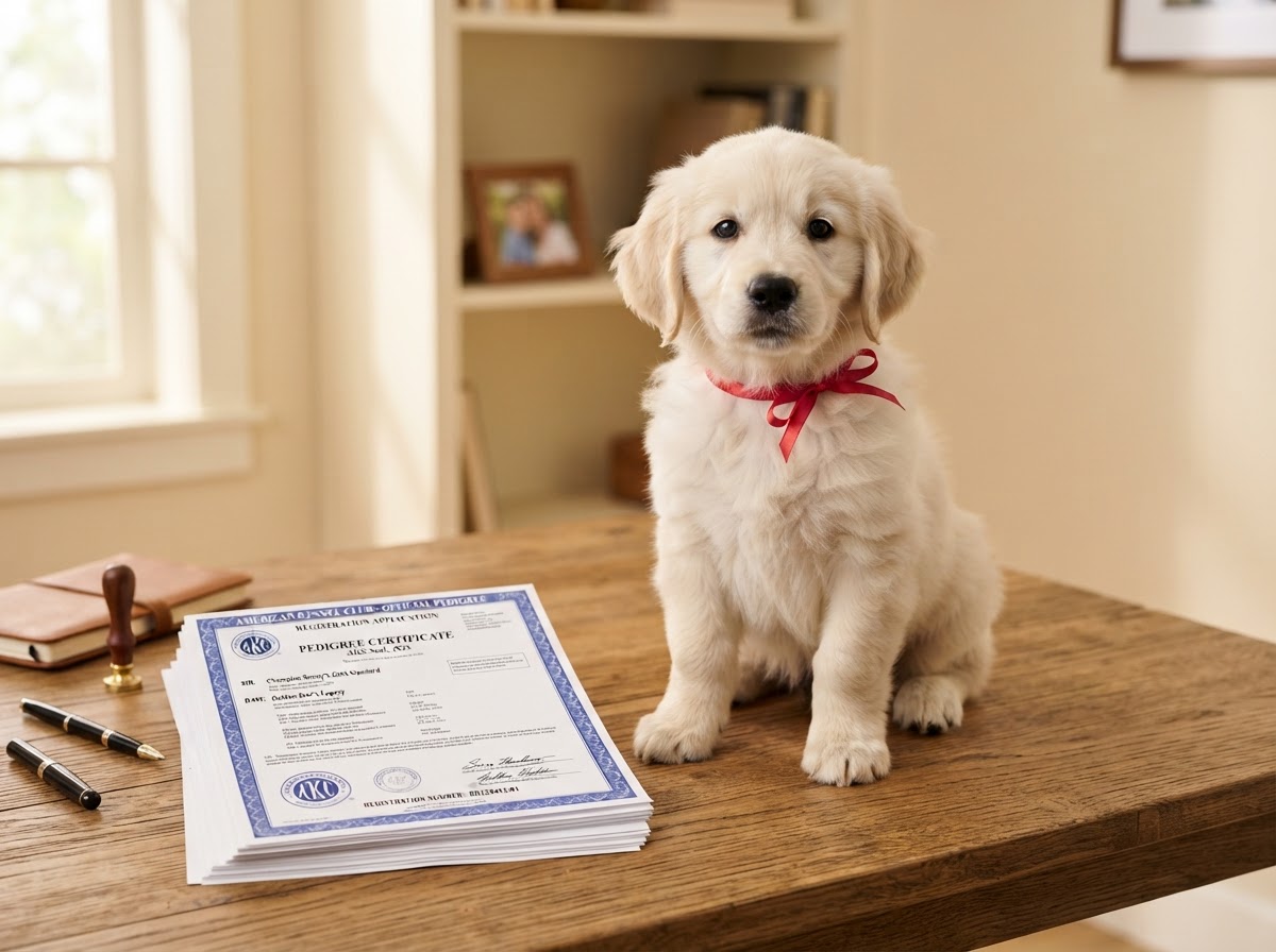 A puppy with a red ribbon and registration papers on a desk
