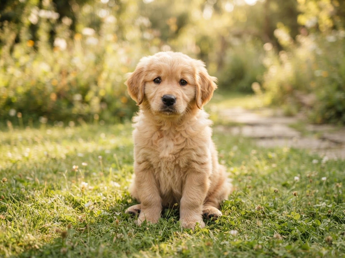 A small fluffy puppy sitting on grass, looking curious