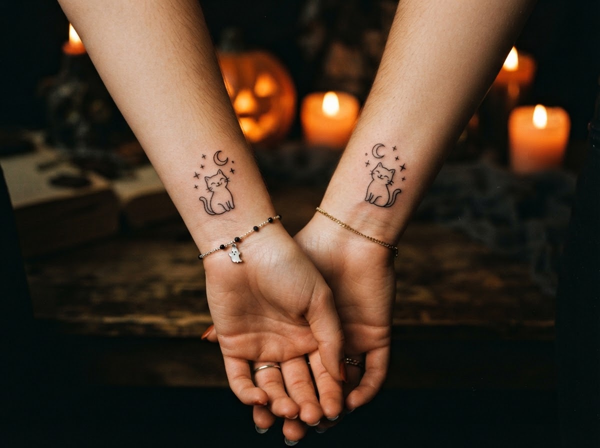 Two friends showing matching tiny Halloween tattoos