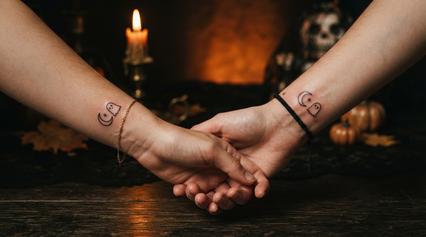 Matching Halloween tattoo designs with orange candlelit glow