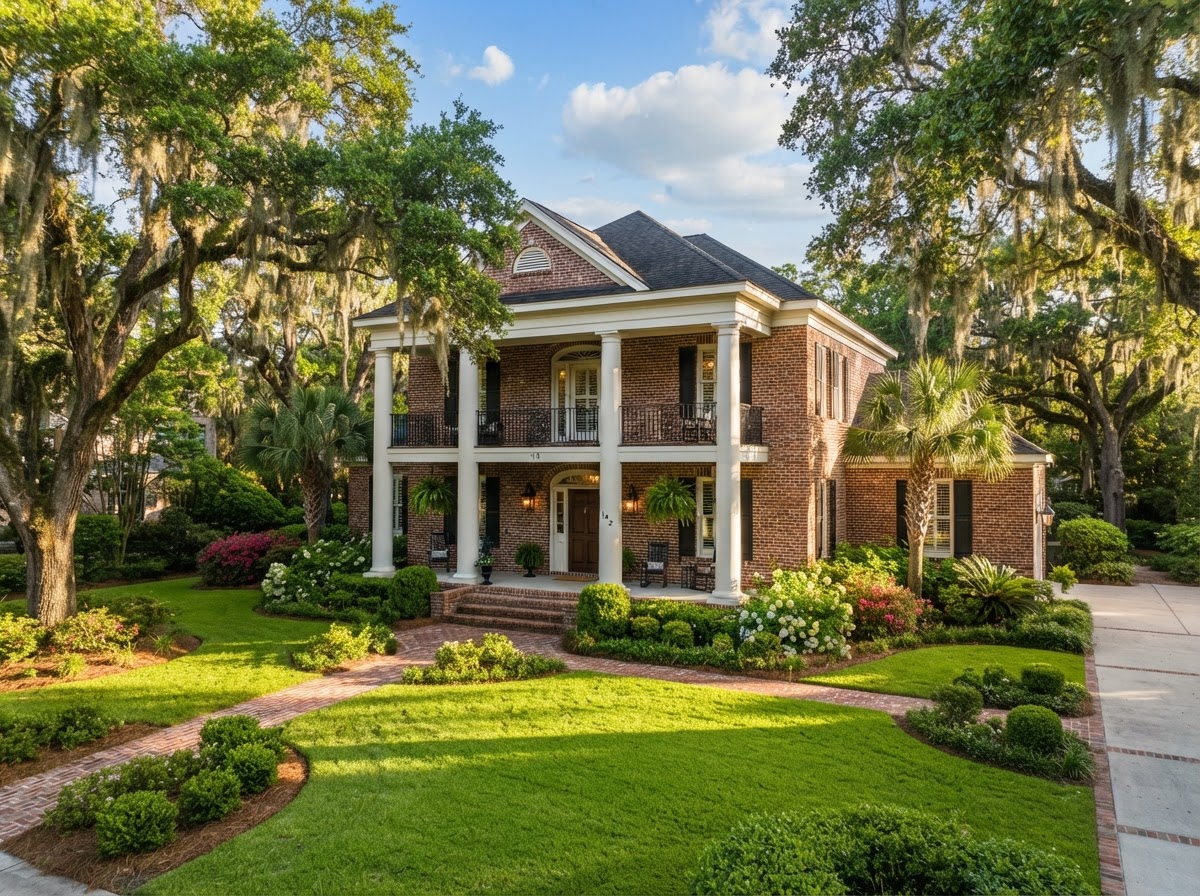 Distinct Southern brick home exterior in Greenville, South Carolina with mature trees
