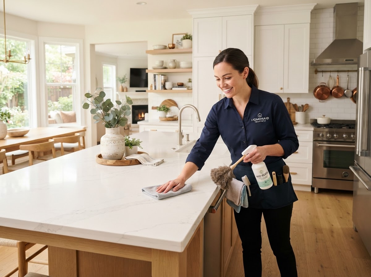 Cleaner wiping kitchen countertops in a Lawrenceville home