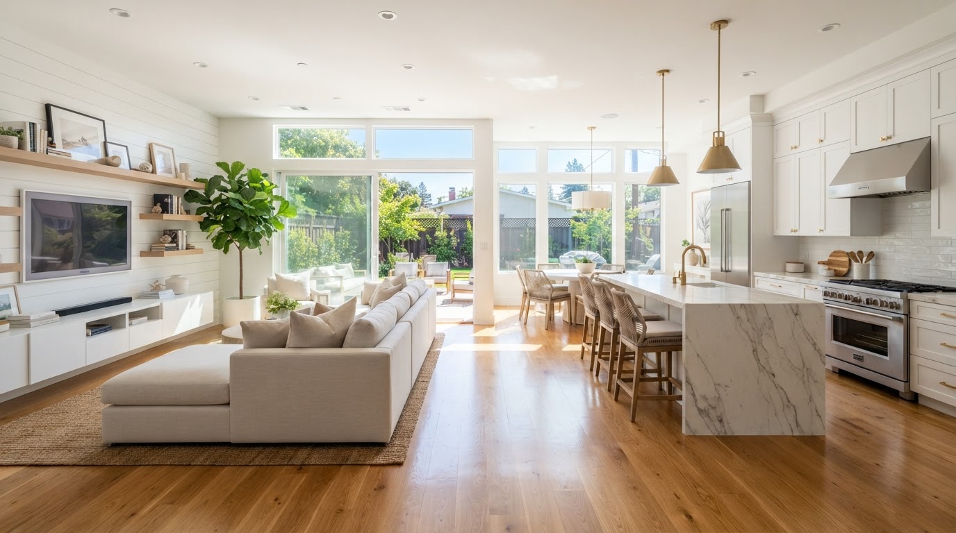 Professional house cleaning in Lawrenceville Georgia with sunlit clean living room