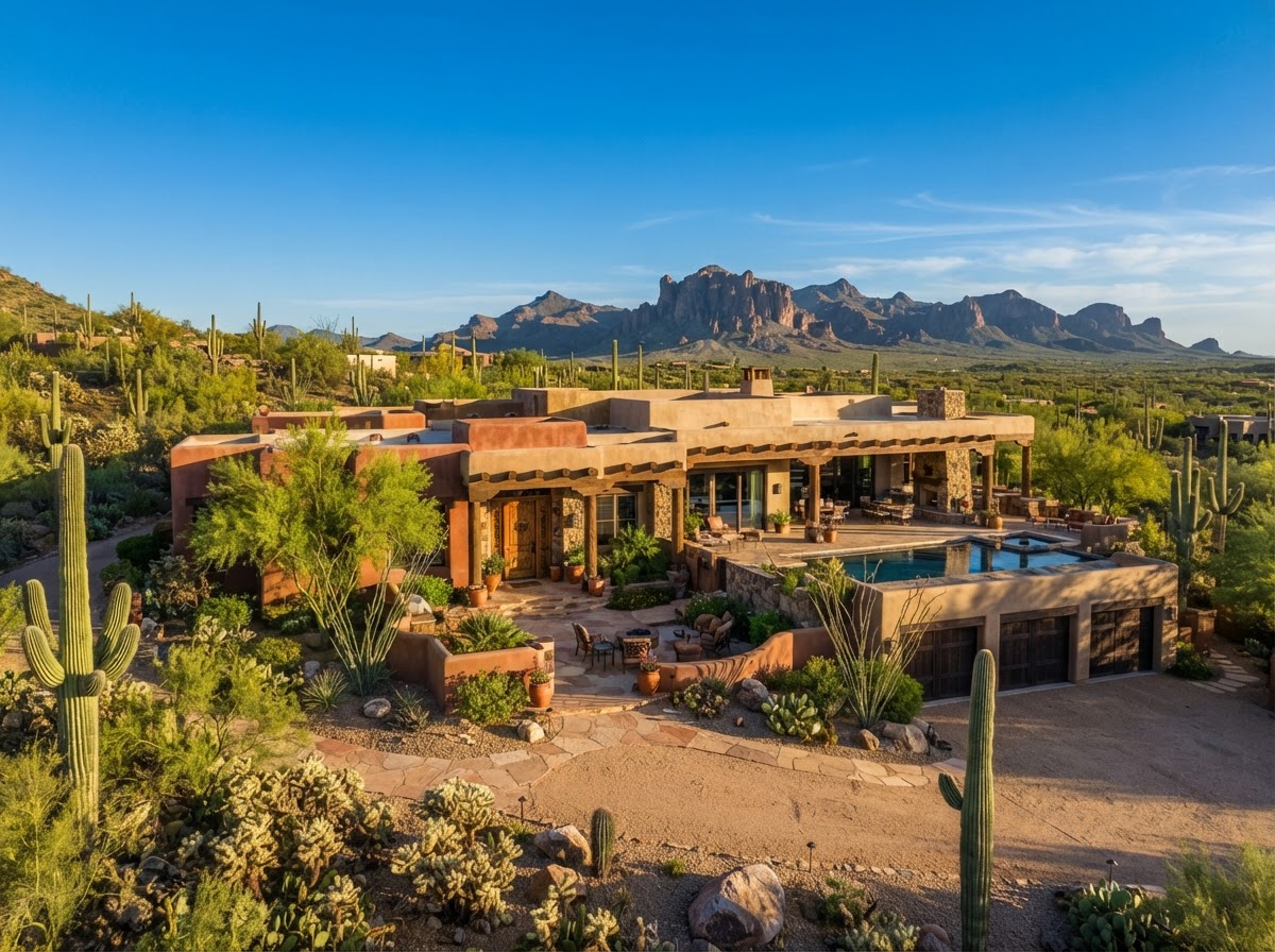 Custom Southwest desert home on acreage in Rio Verde Foothills with mountain views