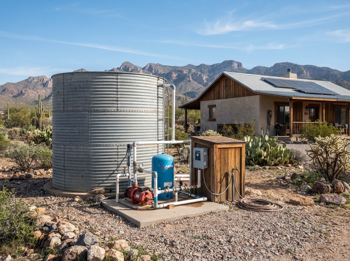 Water storage tank and well equipment beside a rural desert home in Arizona
