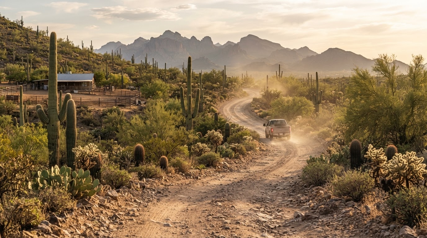 Rural unpaved desert road winding through natural Sonoran Desert in Rio Verde Foothills