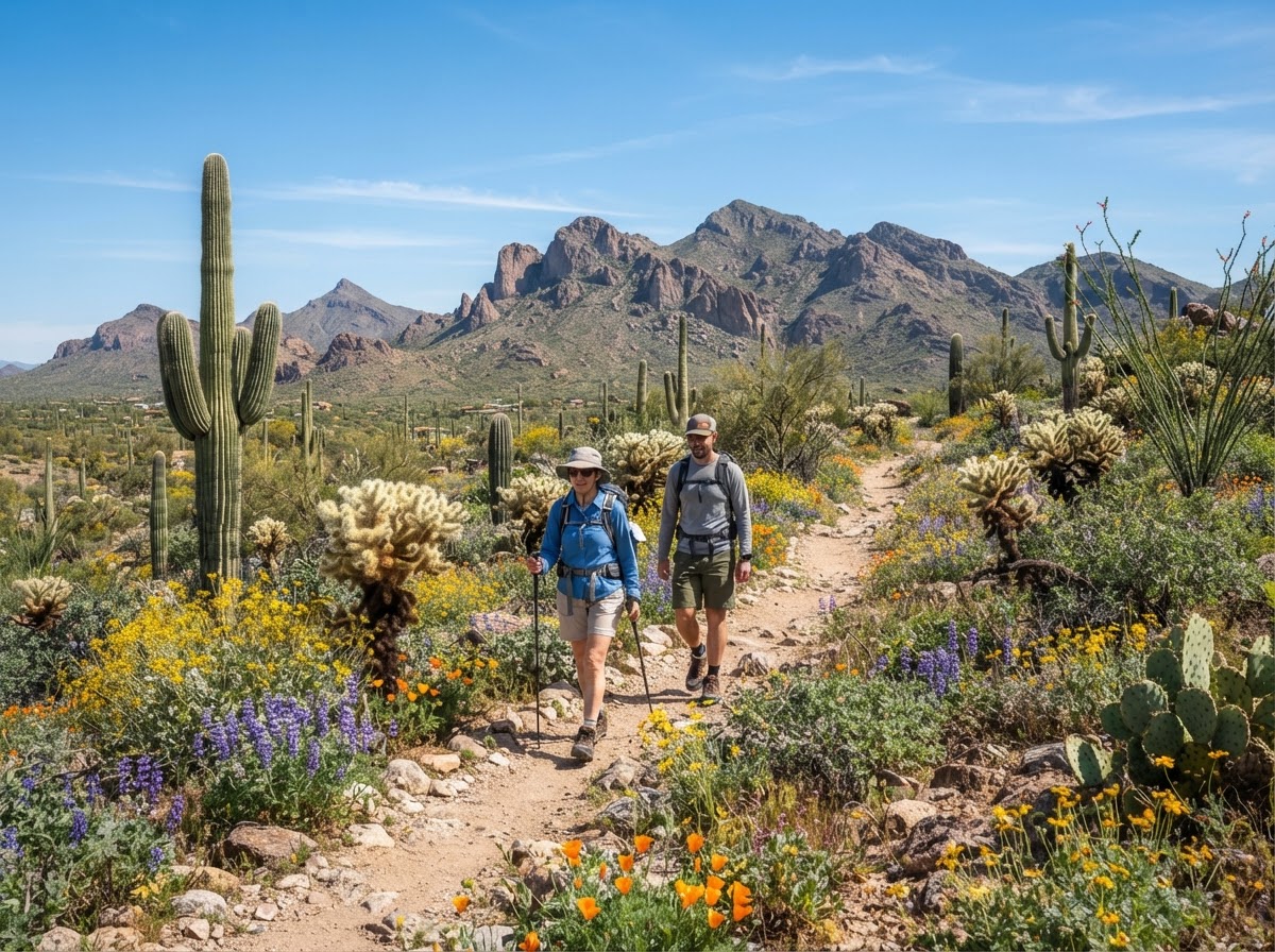 Hikers on a desert trail among saguaro cacti in the McDowell Mountain Regional Park area
