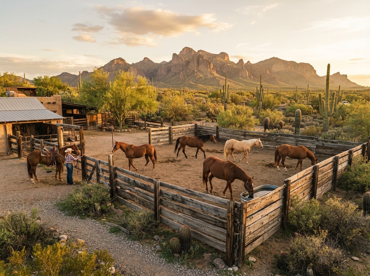Horse property with corral and horses in the Arizona desert foothills