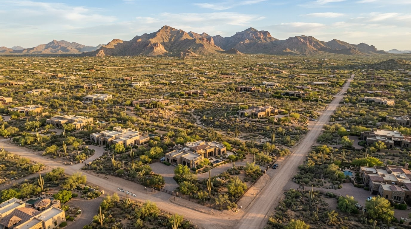 Aerial view of rural desert residential acreage parcels in Rio Verde Foothills
