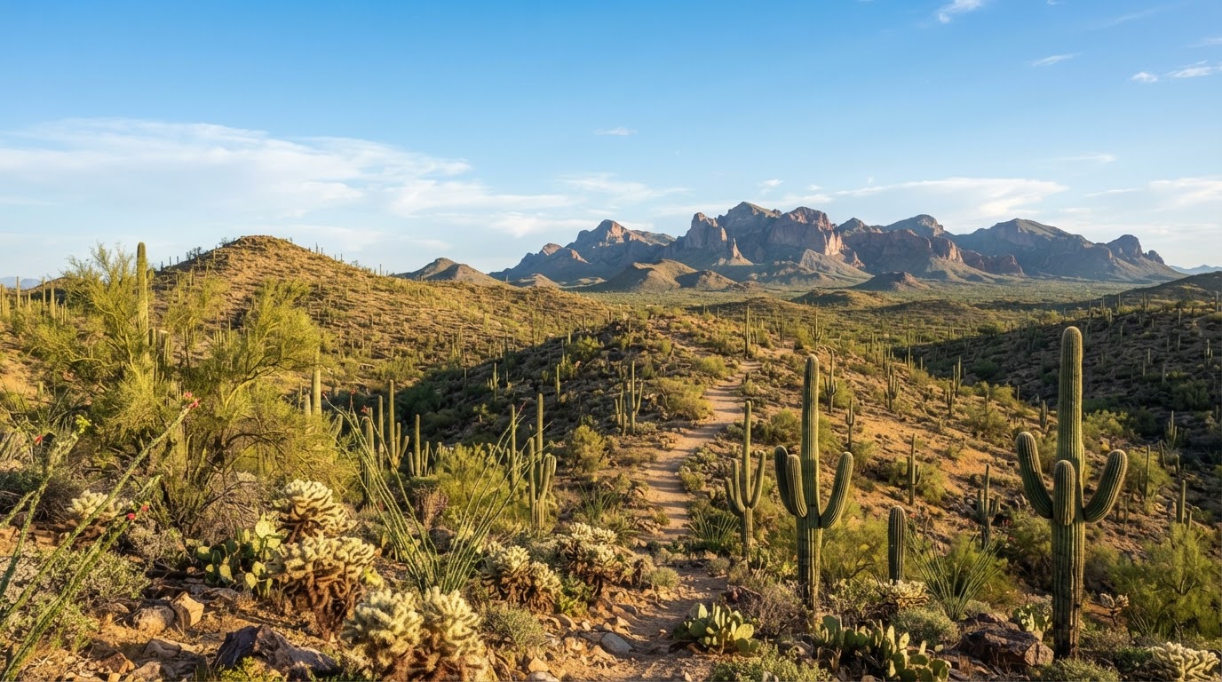 Sonoran Desert foothills landscape with saguaro cacti and distant mountains near Rio Verde Foothills