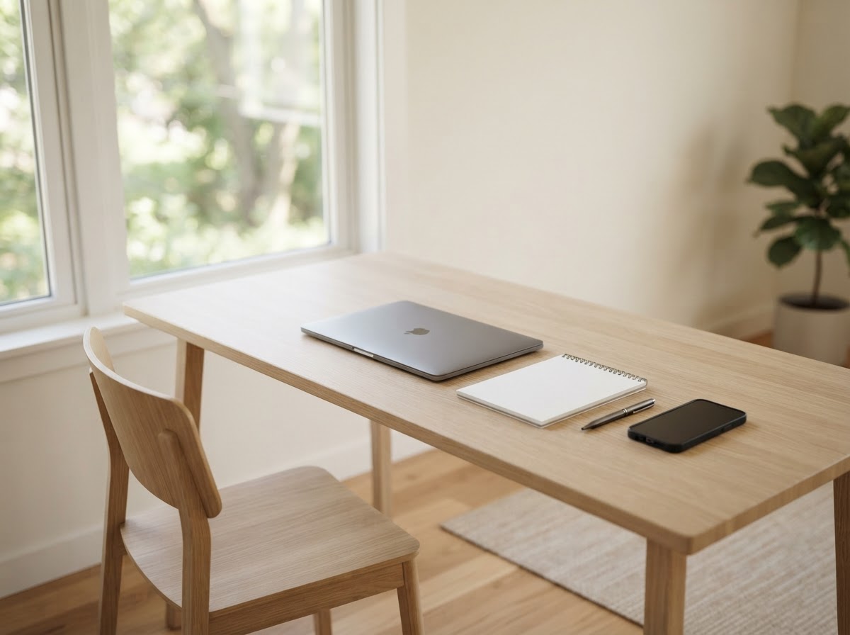 Workspace with a closed laptop, phone and notebook.