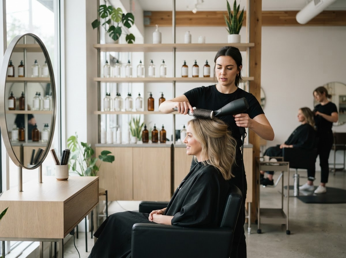Stylist curling a customer’s hair in a bright salon.