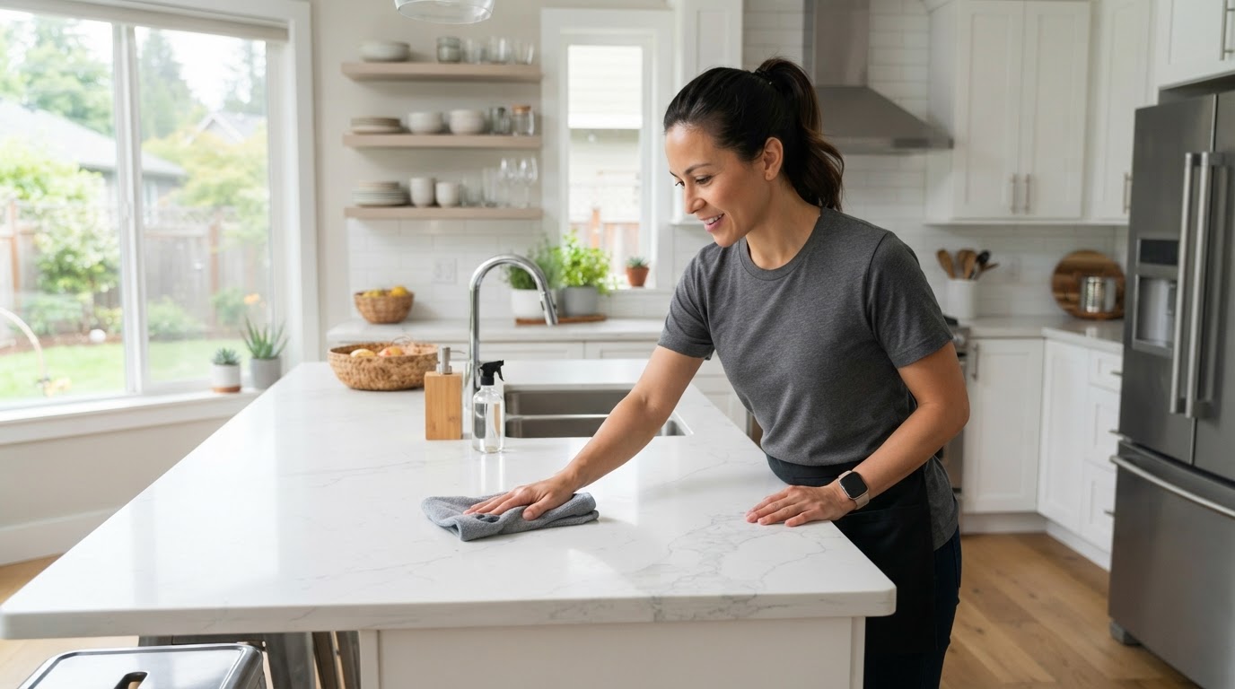 House cleaner wiping a kitchen counter.
