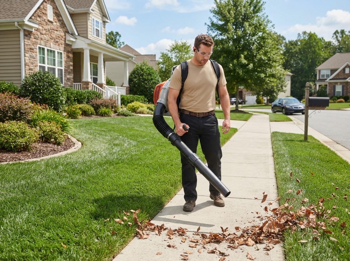 Landscaper using a leaf blower beside a suburban lawn.