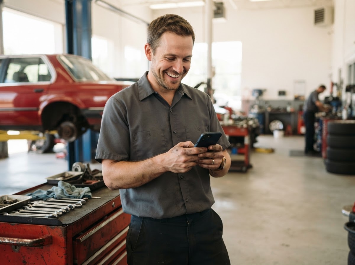 Auto mechanic checking a phone in a repair shop.