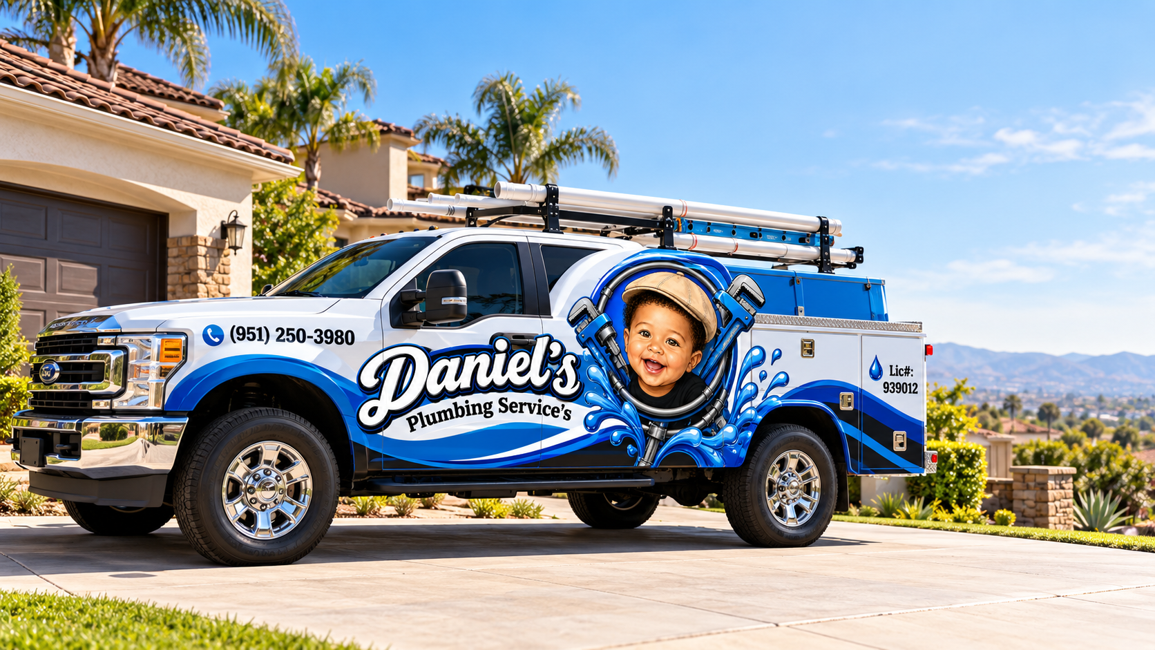 Daniel's Plumbing branded work truck with logo wrap parked in front of a Southern California residence