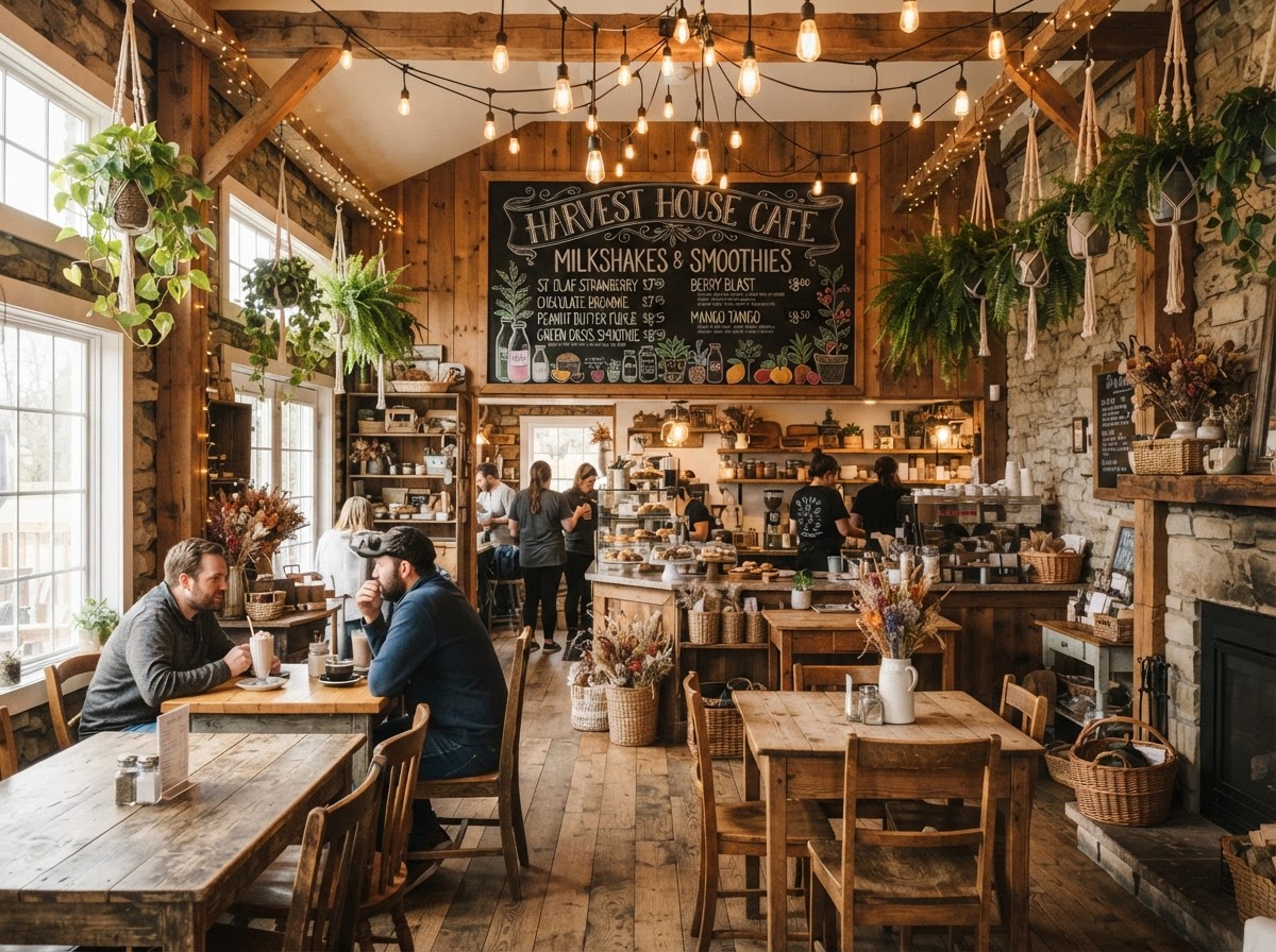 Cozy Harvest House cafe interior with chalkboard menu and string lights
