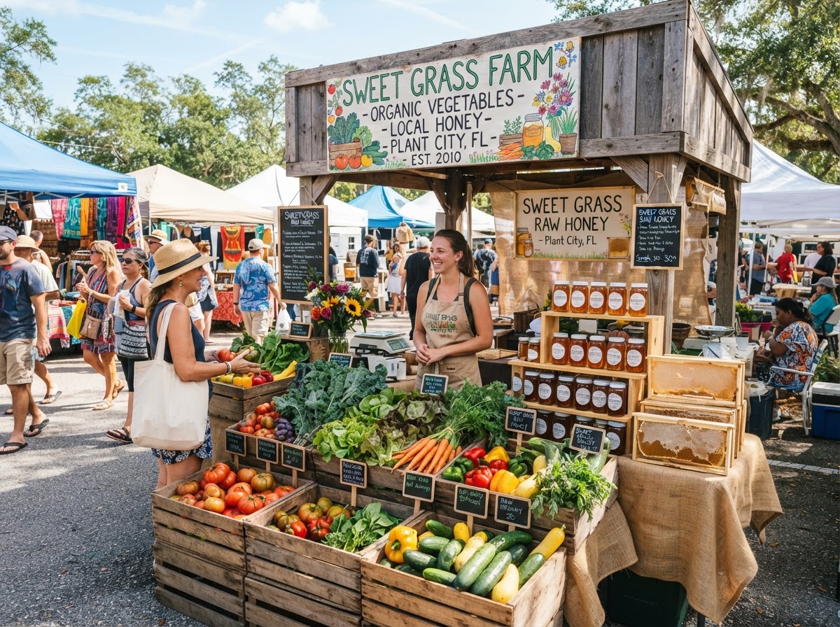 Saturday farmers market booth with organic produce and honey