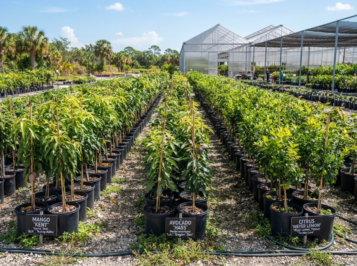 Rows of potted grafted fruit trees at the Plant City nursery