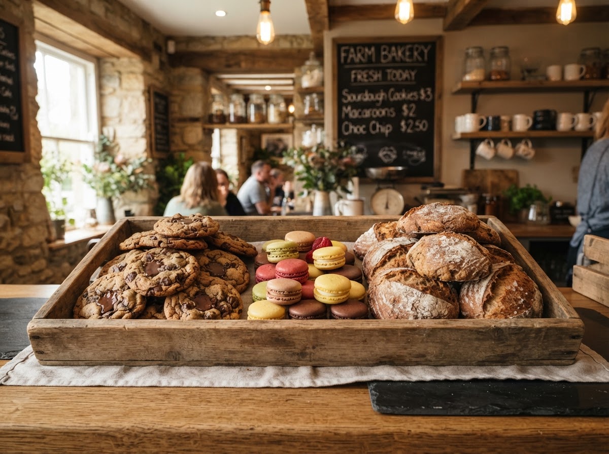 Farm bakery display of fresh sourdough cookies and macaroons