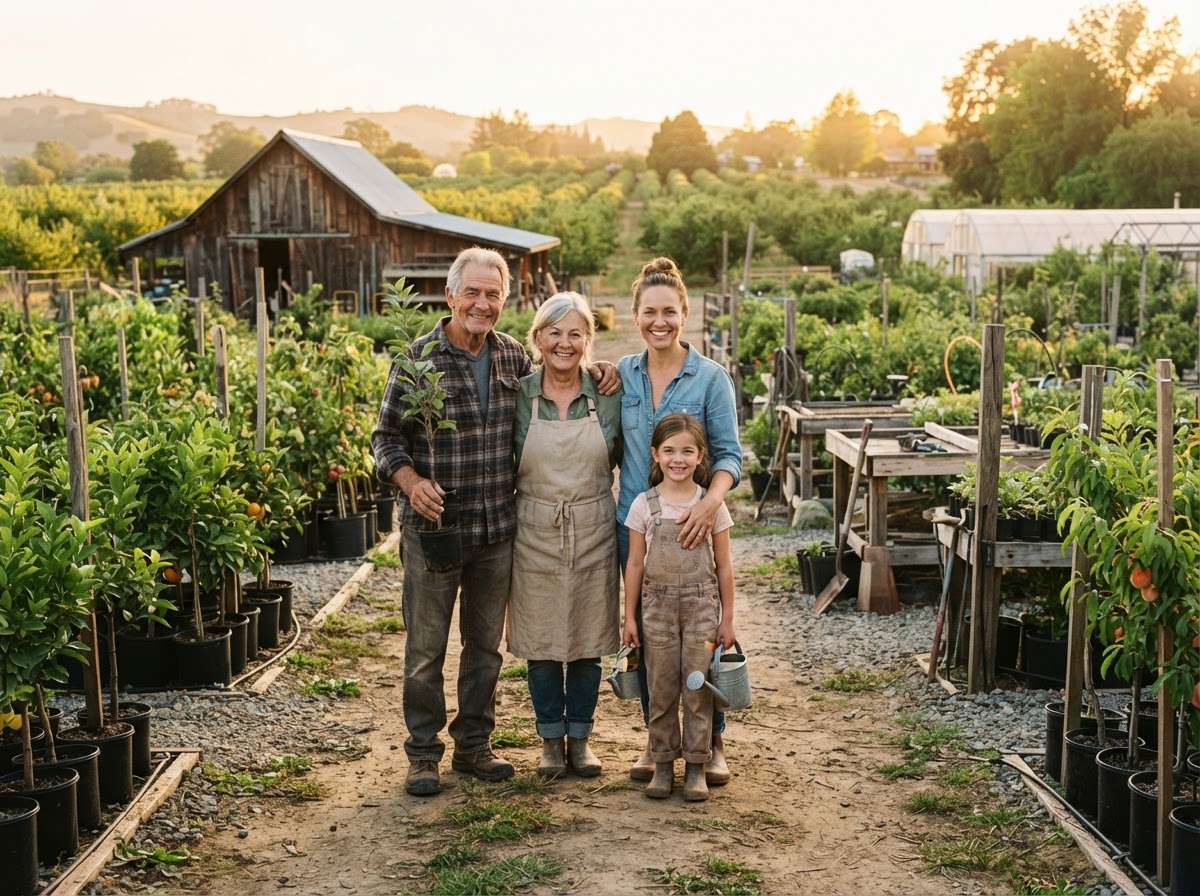 The farm family standing in front of their natural farm and nursery
