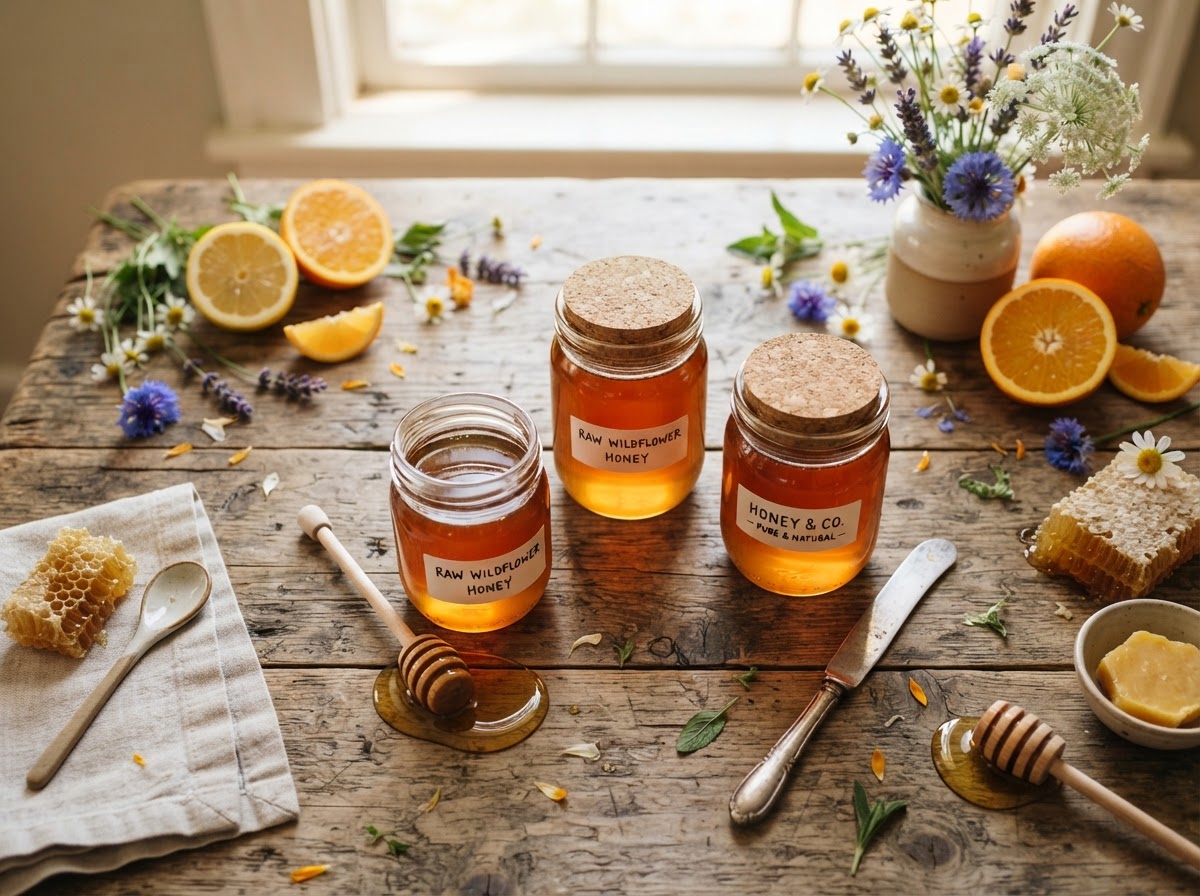 Glass jars of raw golden wildflower honey for the tasting flight