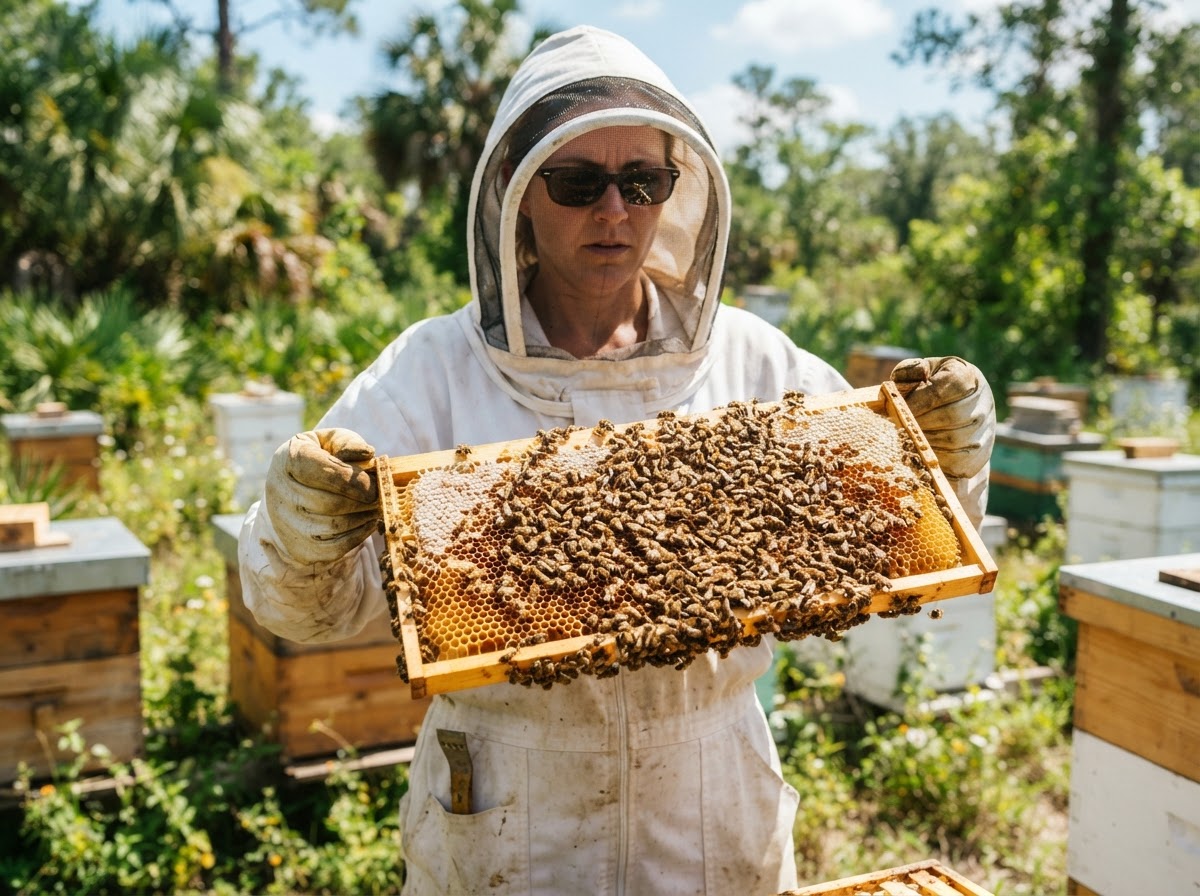 Beekeeper holding a honeycomb frame full of bees and golden honey