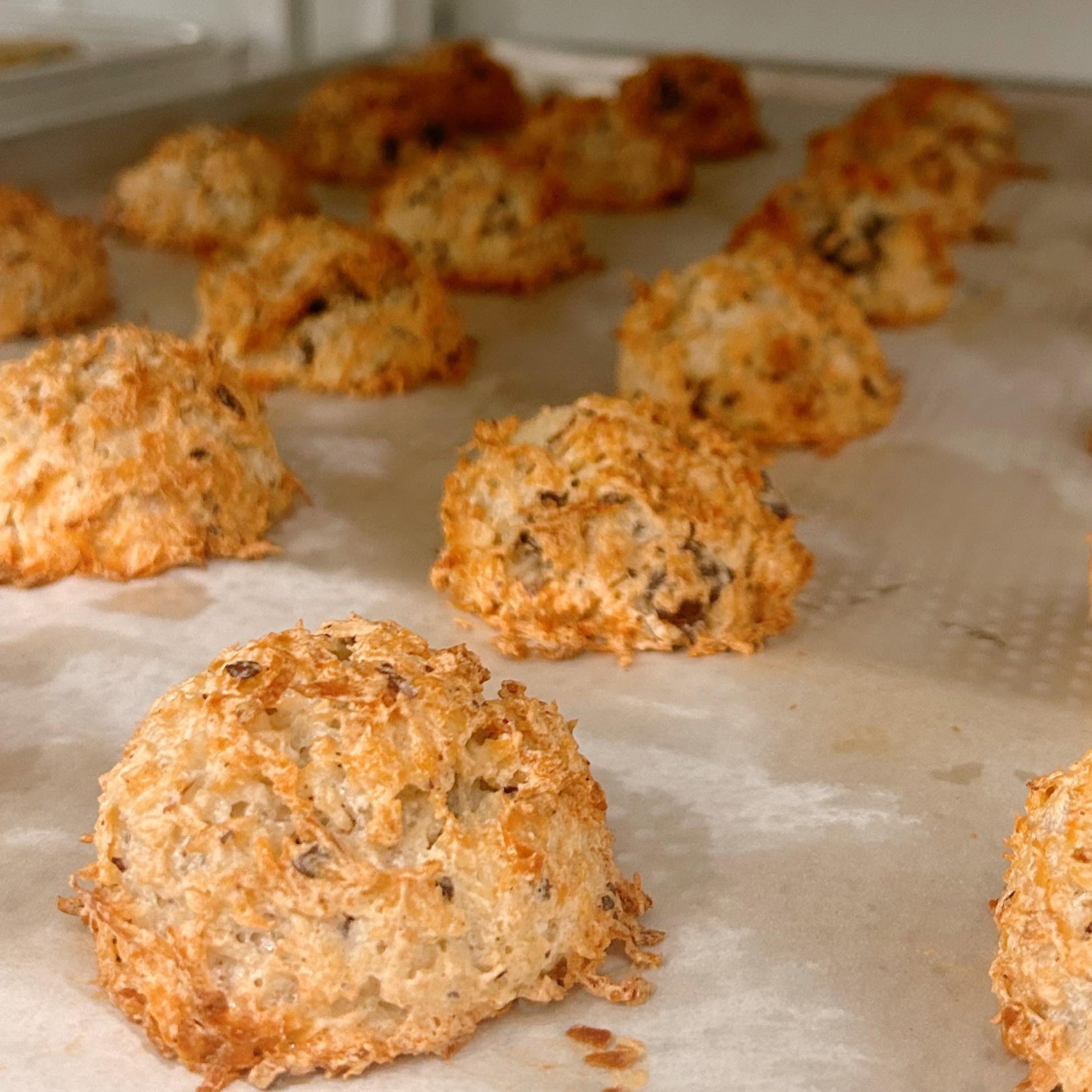 Sheet pan filled with warm toasted golden coconut macaroons fresh from the farm bakery
