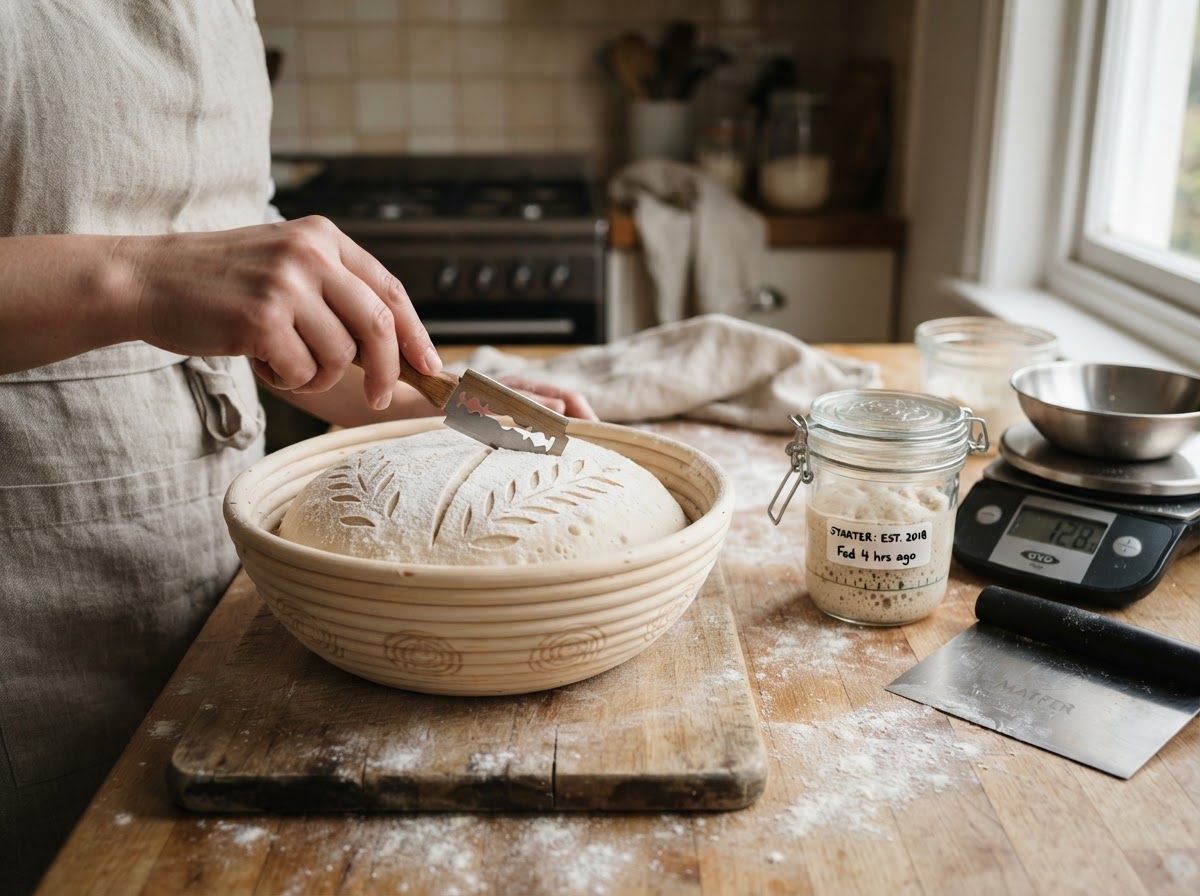 Bread dough scoring with razor blade lame in banneton
