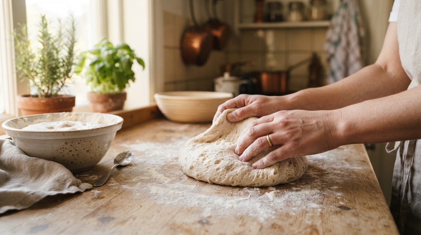 Hands kneading rustic sourdough bread dough on floured wooden kitchen counter
