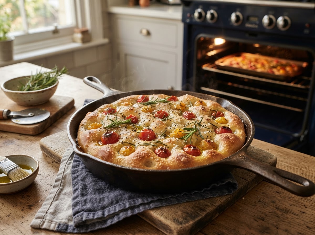Cast iron skillet focaccia with fresh rosemary and sea salt