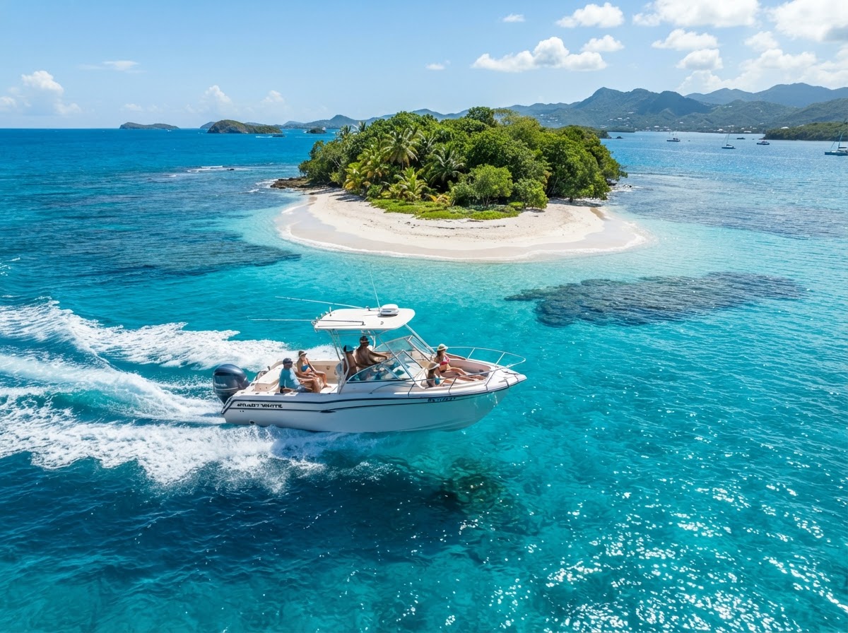 Lil' Gratitude cruising through turquoise water toward an island