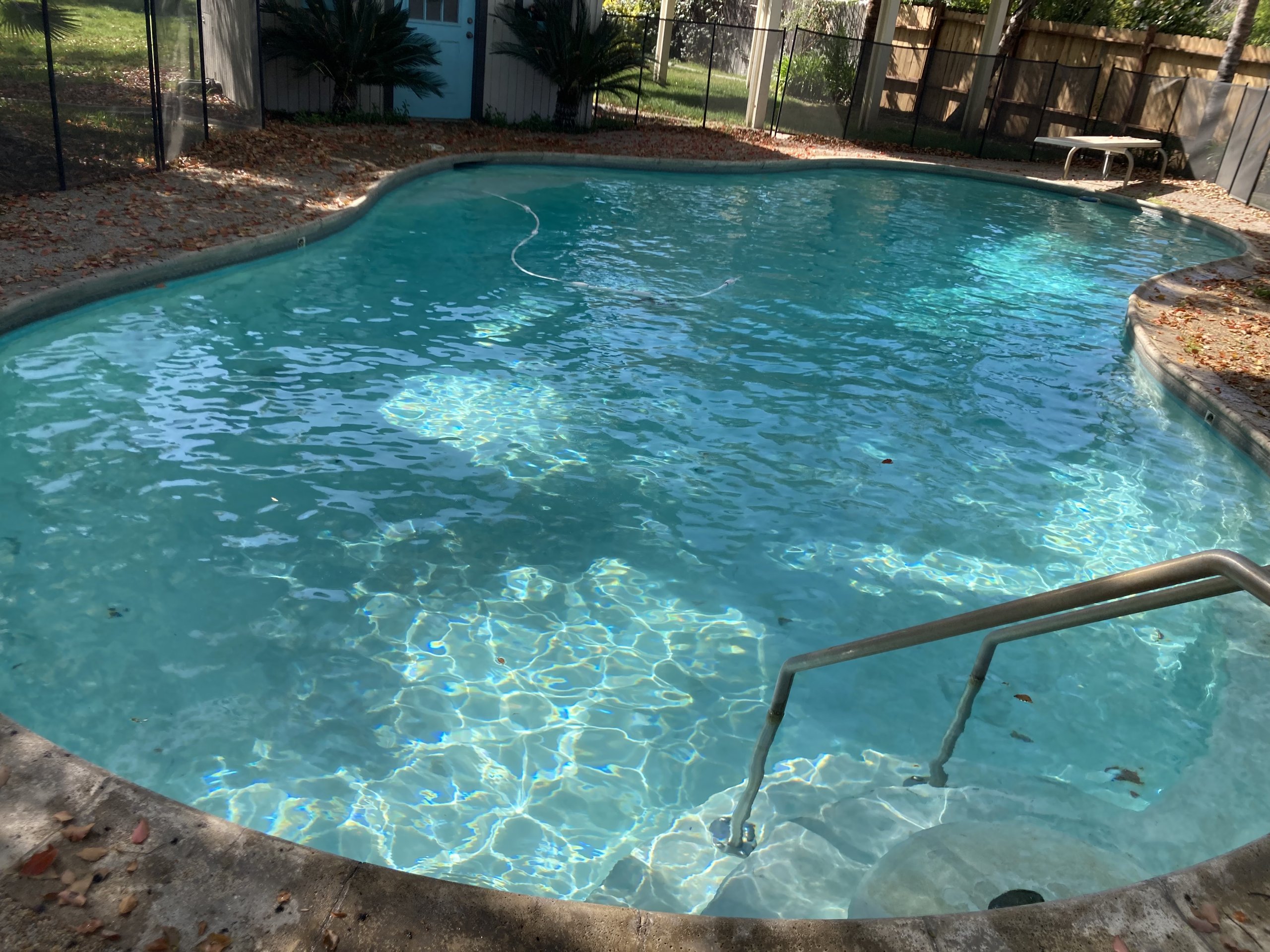 Clear residential swimming pool with handrail in Sacramento
