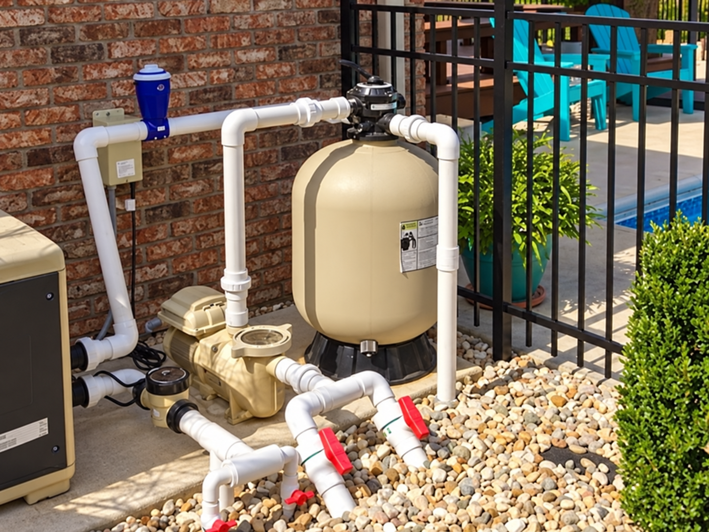 Pool pump and sand filter equipment system with PVC plumbing