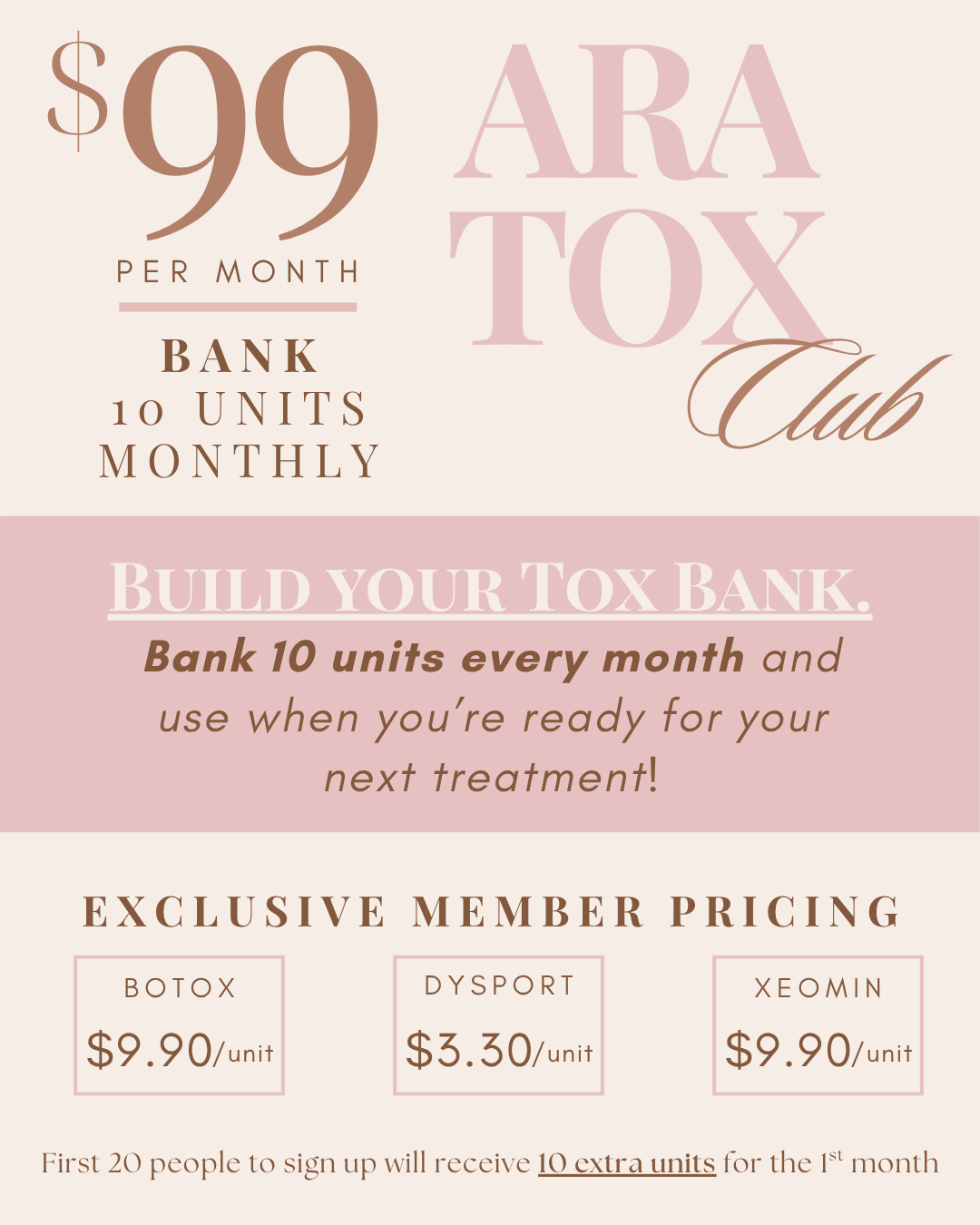 ARA TOX Club membership flyer - $99/mo bank 10 units