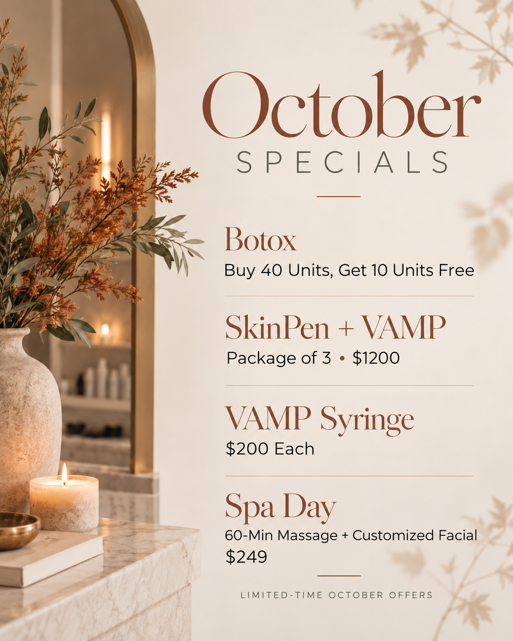 ARA Med Spa Specials Menu — Botox, SkinPen + VAMP, VAMP Syringes, Spa Day