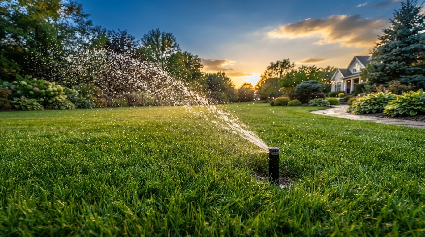 Lush green lawn with irrigation sprinkler spraying water at golden hour